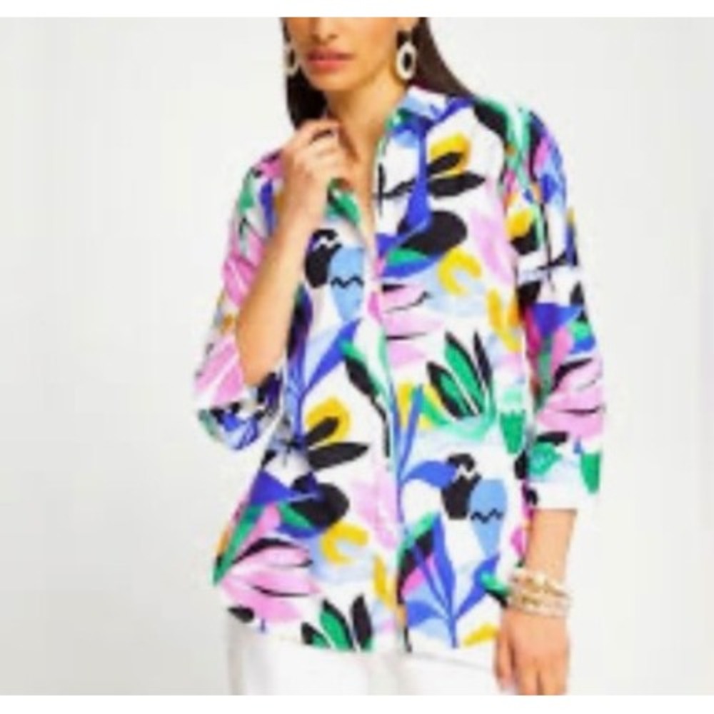 Chico's Size 3.5 US 18 Abstract Floral Button Down Shirt Multicolor Cotton Blend